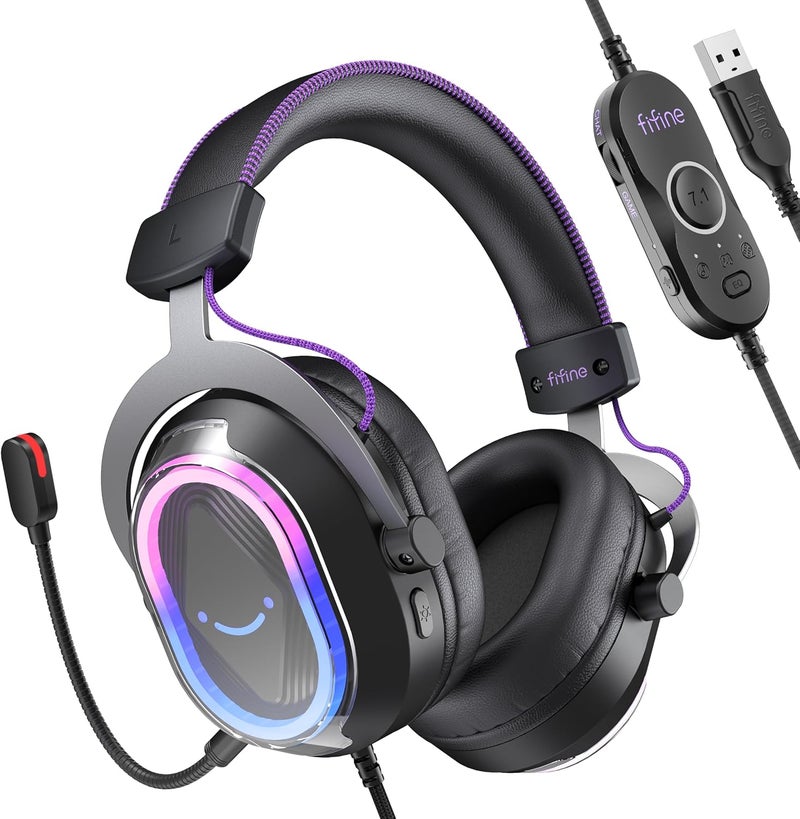 FIFINE سماعة ألعاب سلكية USB: صوت محيطي 7.1 - RGB قابل للتخصيص - توازن بين اللعبة والدردشة، سماعة لاعب مع ميكروفون لإلغاء الضوضاء لجهاز الكمبيوتر، PS5/PS4، اللابتوب، ماك - AmpliGame H13BP - Image 1